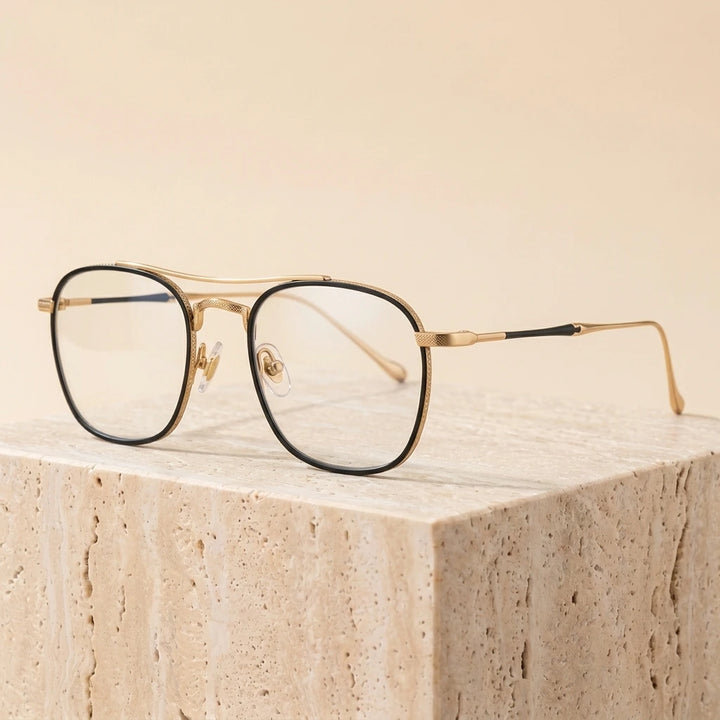 Aimee Unisex Full Rim Square Double Bridge Titanium Eyeglasses 195925 - Black-Golden