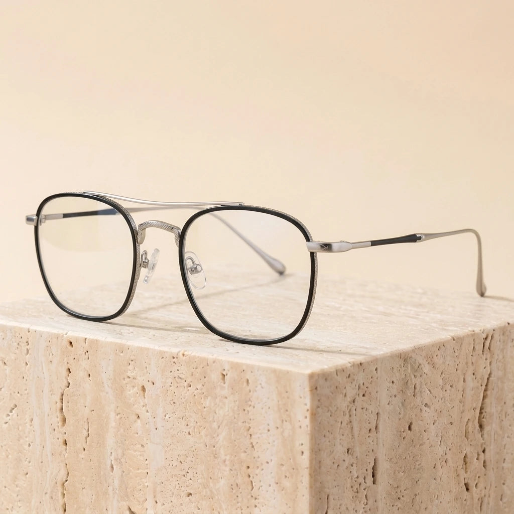 Aimee Unisex Full Rim Square Double Bridge Titanium Eyeglasses 195925 - Black-Silver