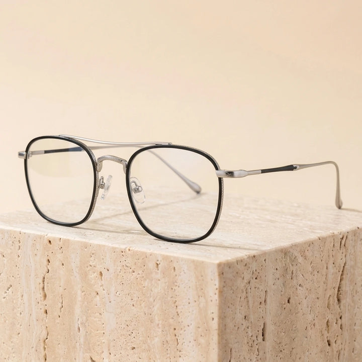 Aimee Unisex Full Rim Square Double Bridge Titanium Eyeglasses 195925 - Black-Silver