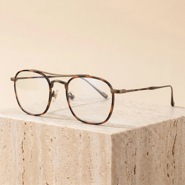 Aimee Unisex Full Rim Square Double Bridge Titanium Eyeglasses 195925 - Tortoise-Bronze