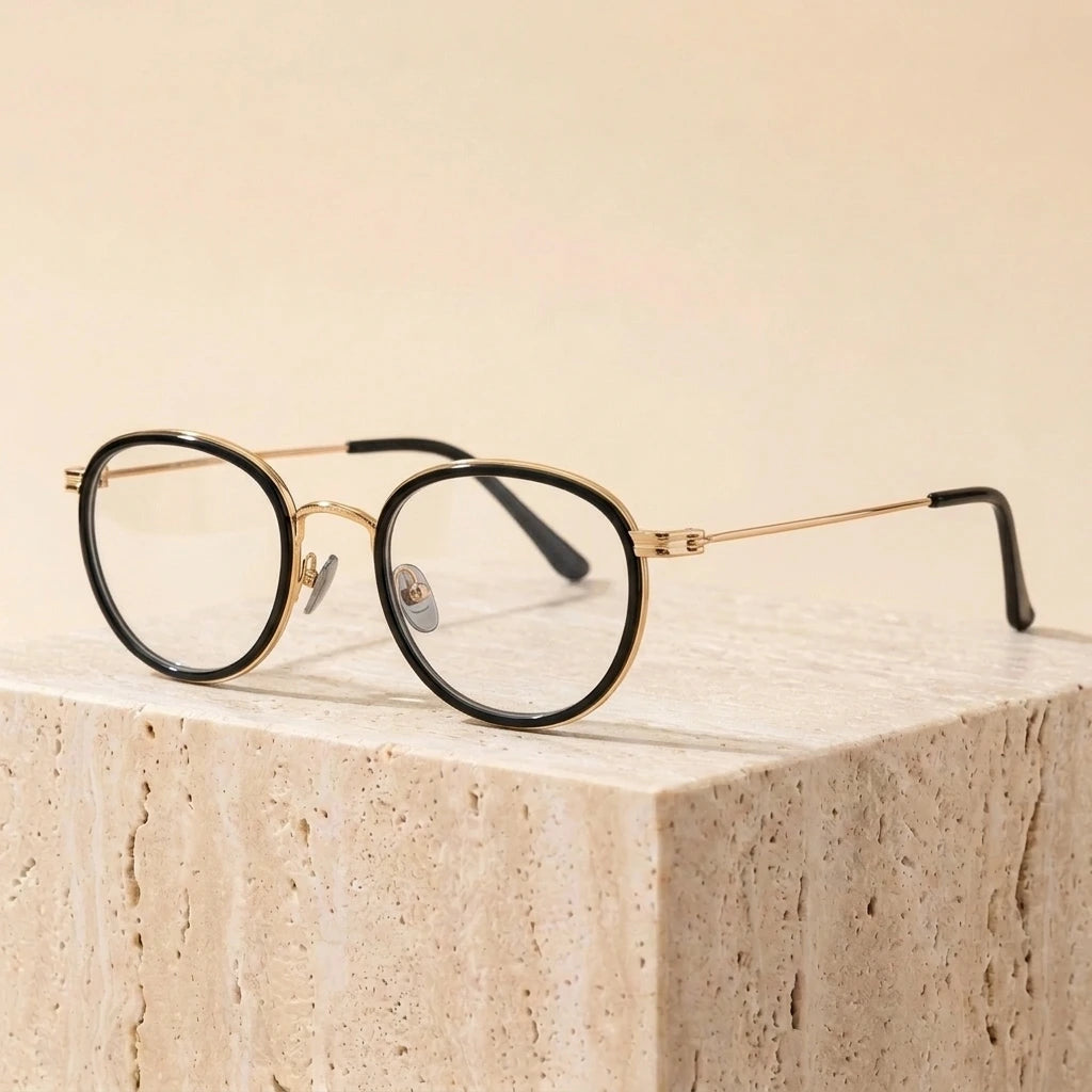 Aimee Unisex Full Rim Square Polygon Square Titanium Eyeglasses 369124 - Black-Golden