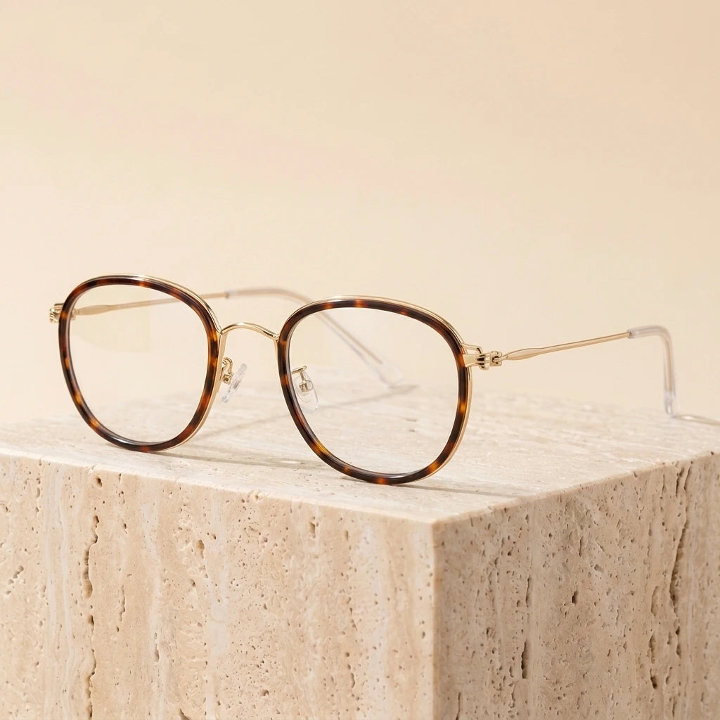 Aimee Unisex Full Rim Square Polygon Square Titanium Eyeglasses 369124 - Tortoise-Golden