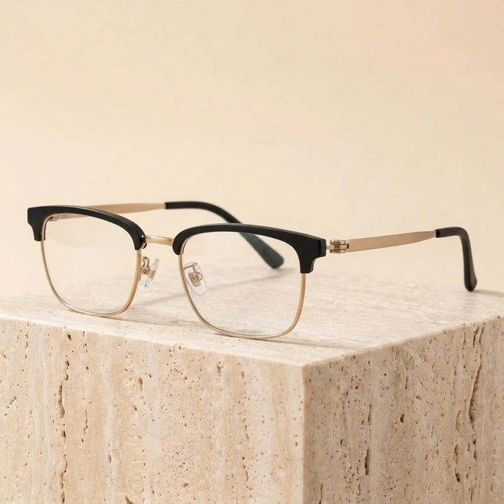 Aimee Unisex Full Rim Square Screwless Titanium Eyeglasses 69835 - Black-Golden