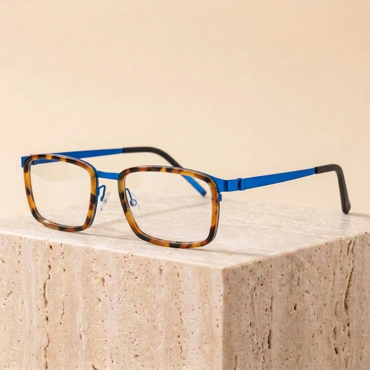 Aimee Unisex Full Rim Square Screwless Titanium Eyeglasses 49711 - Blue-Tortoise