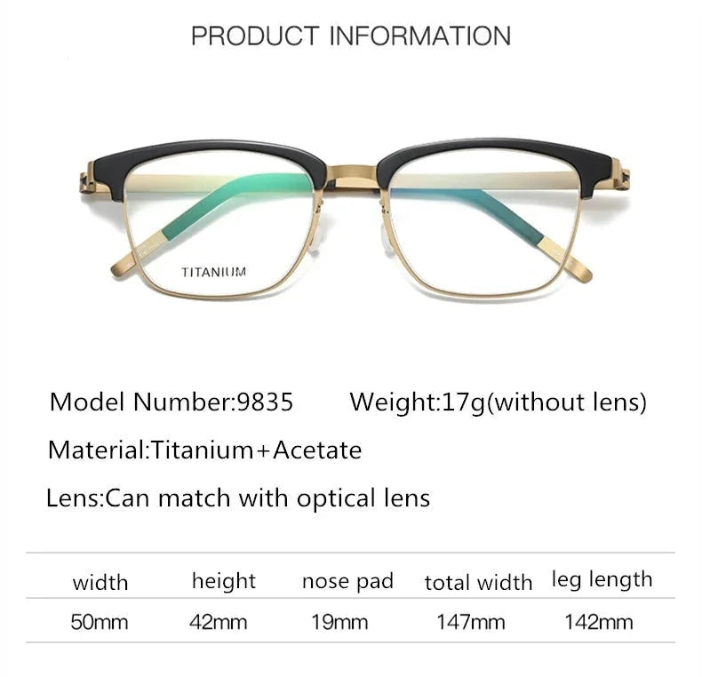 Aimee Unisex Full Rim Square Screwless Titanium Eyeglasses 69835 - Size Chart
