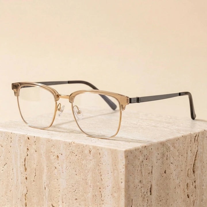 Aimee Unisex Full Rim Square Screwless Titanium Eyeglasses 69835 - Transparent-Tea