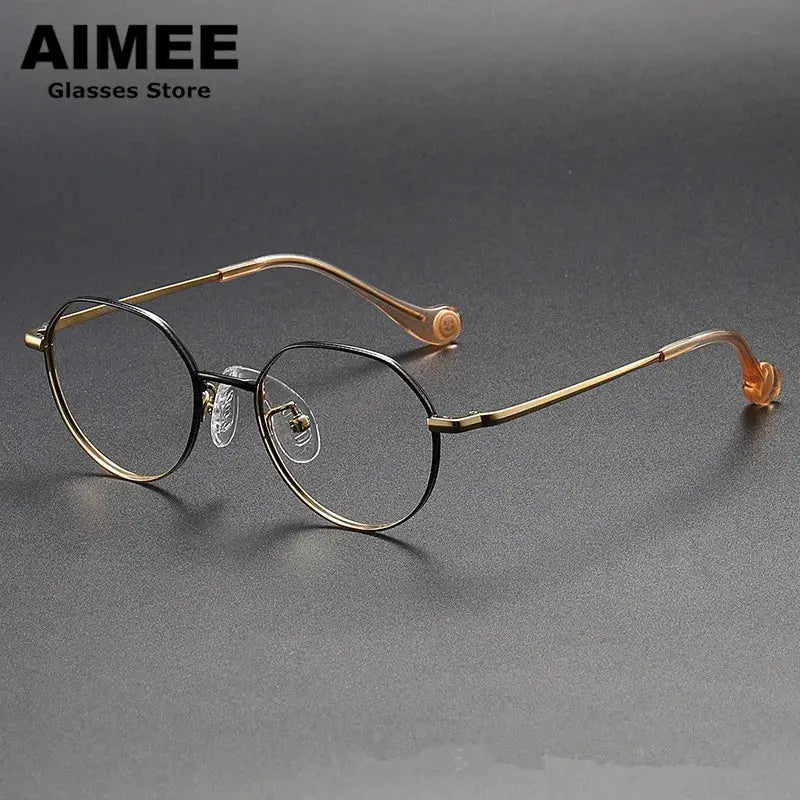 Aimee Unisex Youth Full Rim Flat Top Oval Titanium Eyeglasses 380946 - Black-Golden