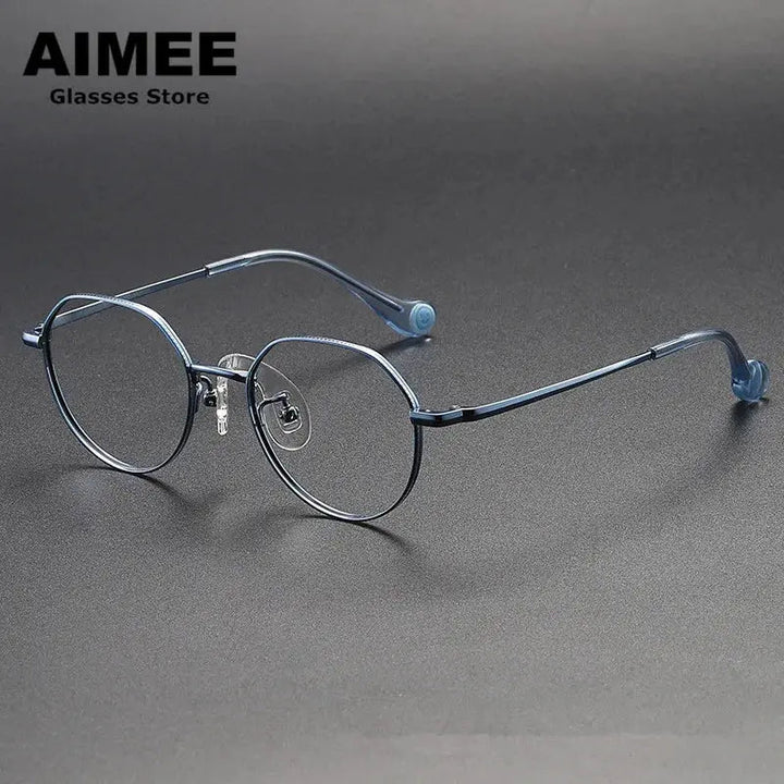 Aimee Unisex Youth Full Rim Flat Top Oval Titanium Eyeglasses 380946 - Blue