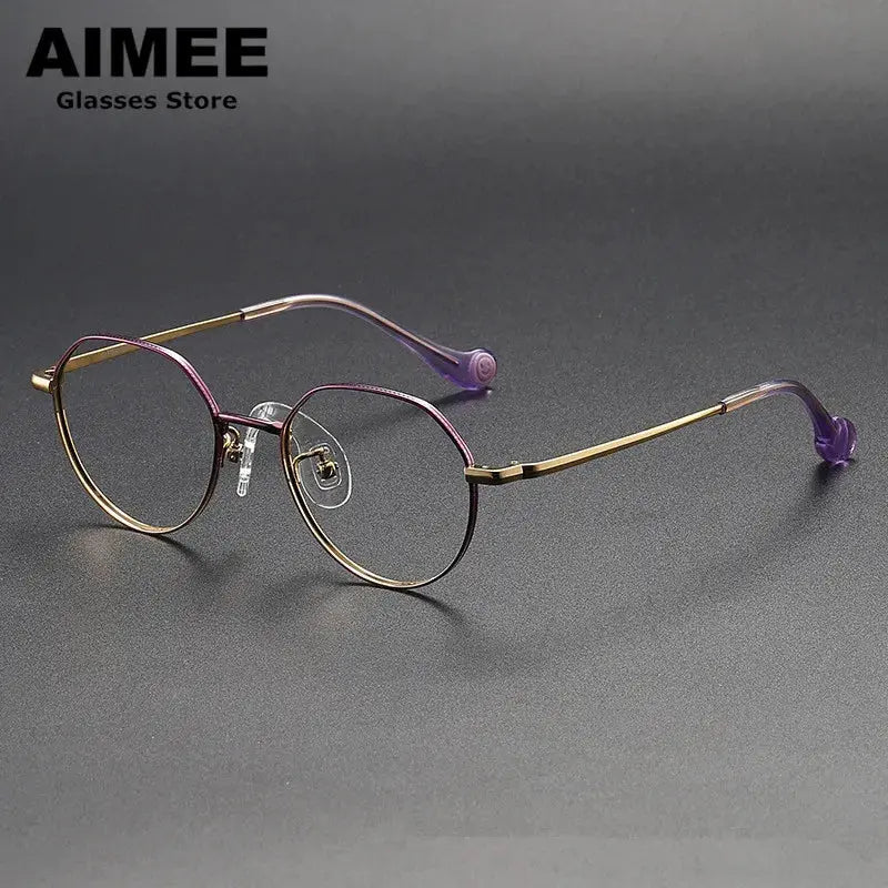Aimee Unisex Youth Full Rim Flat Top Oval Titanium Eyeglasses 380946 - Purple-Golden