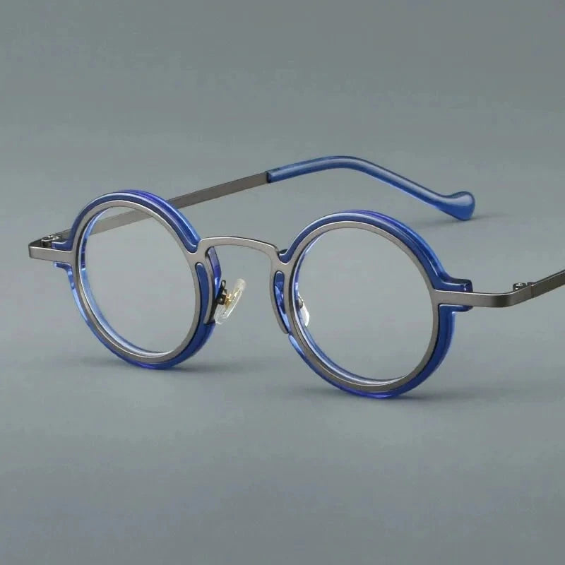 Aimee Unisex Full Rim Small Round Titanium Acetate Eyeglasses V17 - Blue-Gun | Aimee at FuzWeb