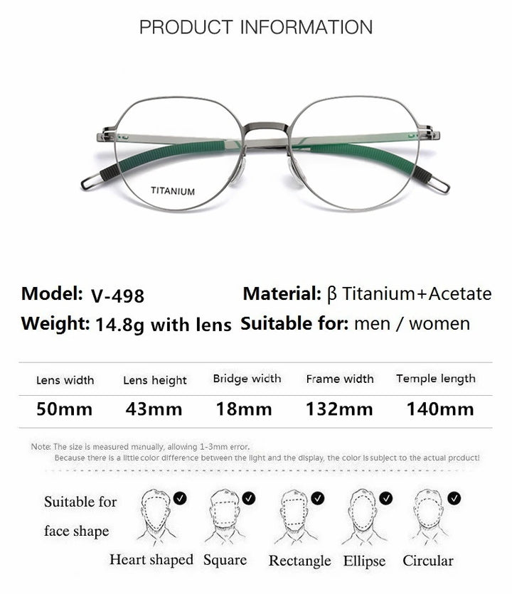 Aimee Unisex Full Rim Round Titanium Acetate Eyeglasses V498S - Official Size Chart and Dimensions