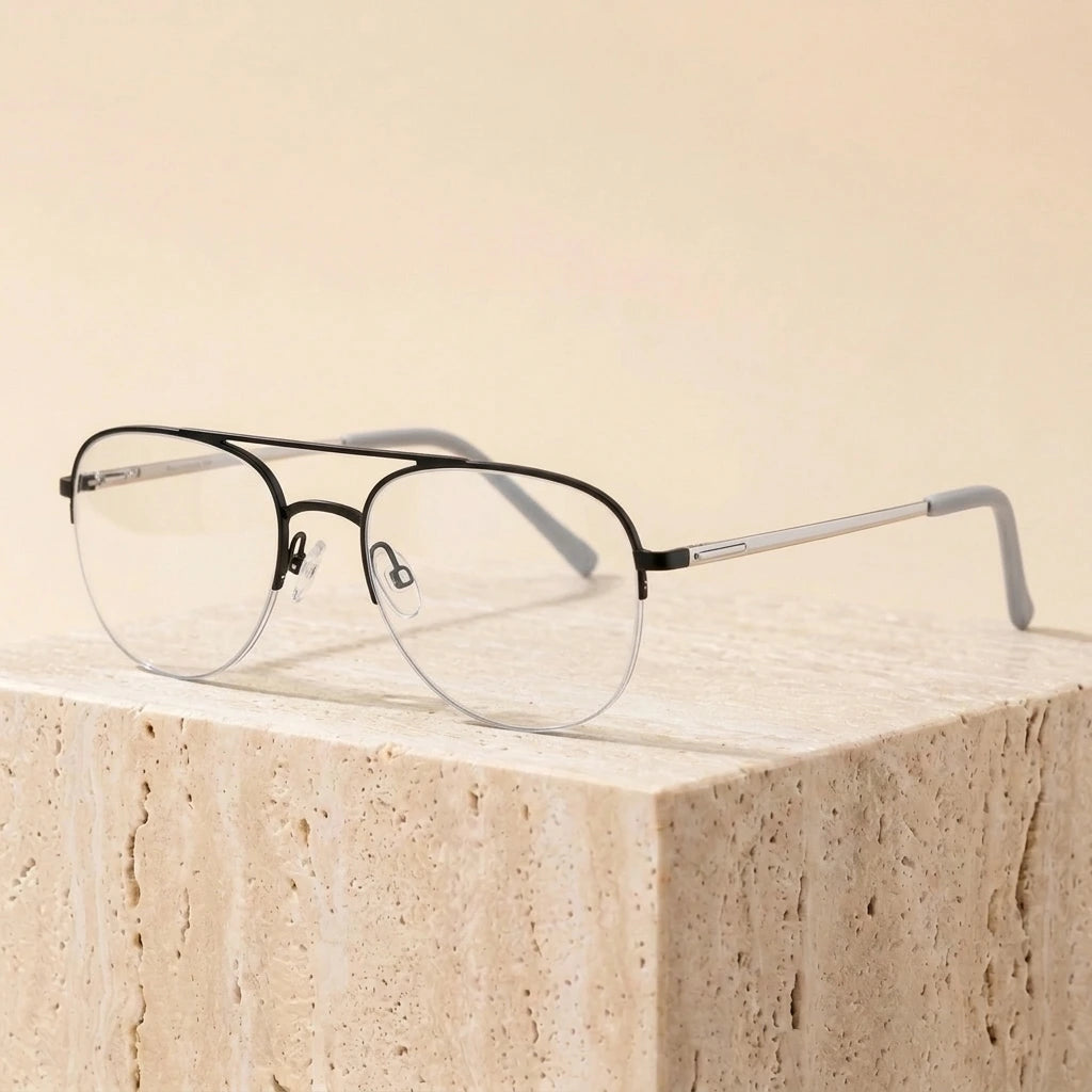 Aimee Women's Full Rim Oval Double Bridge Titanium Eyeglasses 488005 - Black-Silver