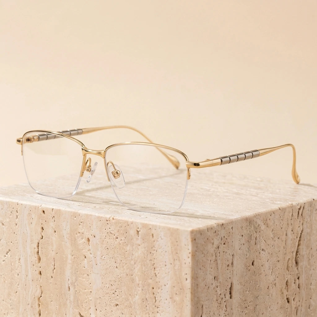 Aimee Women's Semi Rim Brow Line Square Titanium Eyeglasses 427018 - Golden
