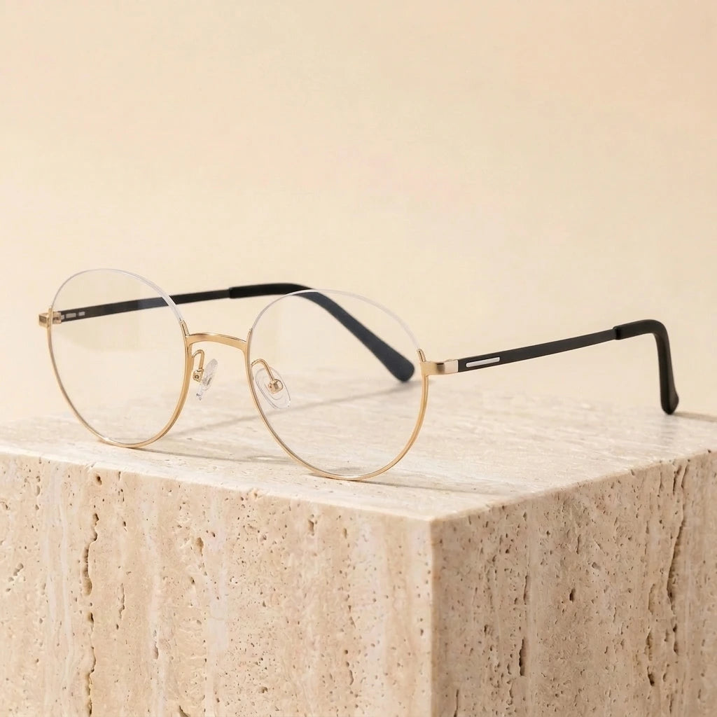 Aimee Women's Semi Rim Round Screwless Titanium Eyeglasses 68802 - Black-Golden