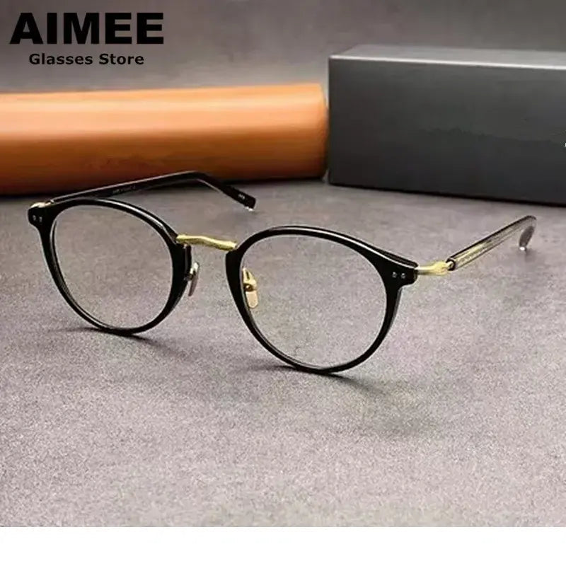 Aimee Women's Full Rim Oval Square Acetate Titanium Eyeglasses 541819 - Black-Golden