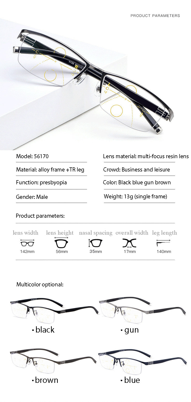 Handoer Unisex Semi Rim Square Alloy Progressive Reading Glasses 56170 — view 2 | Handoer at FuzWeb