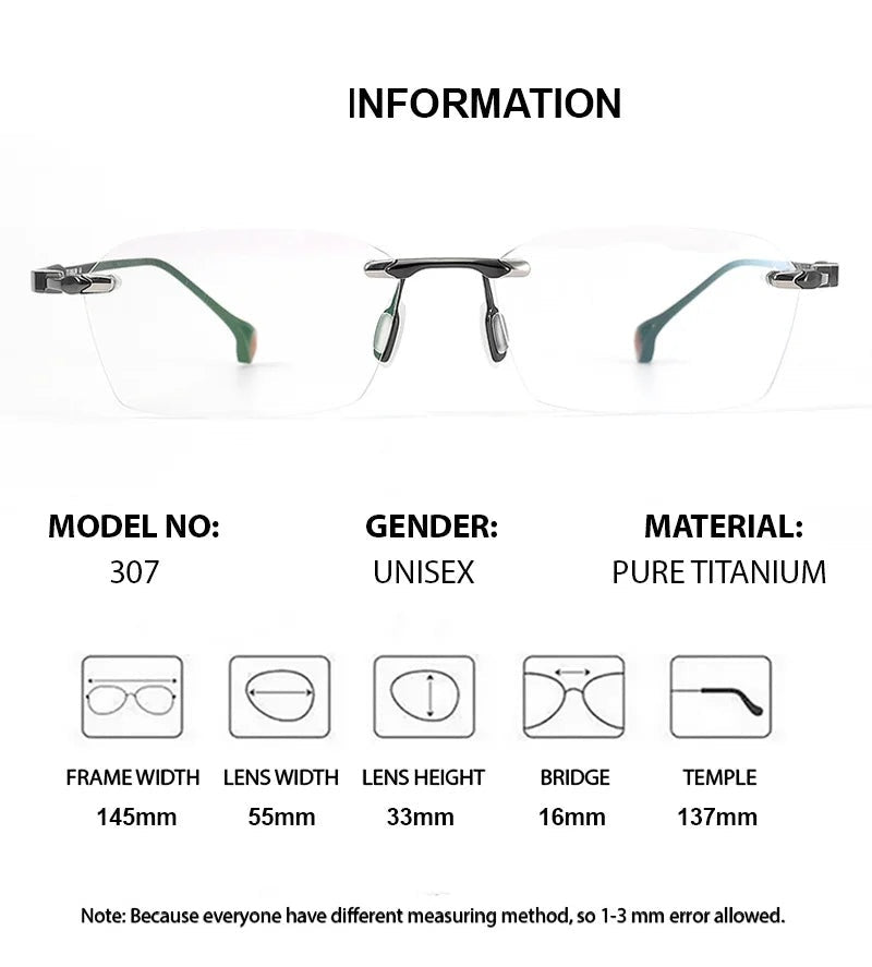 Chashma Ottica Unisex Rimless Square Titanium Eyeglasses 401307