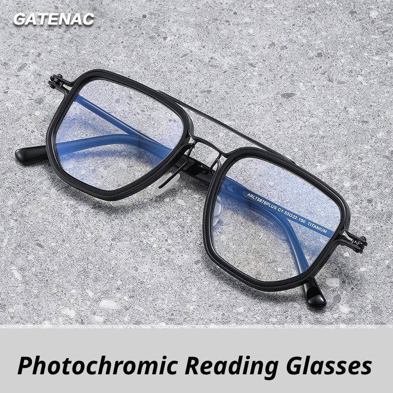 Gatenac Unisex Full Rim Big Square Double Bridge Acetate Titanium Photochromic Reading Glasses 58768