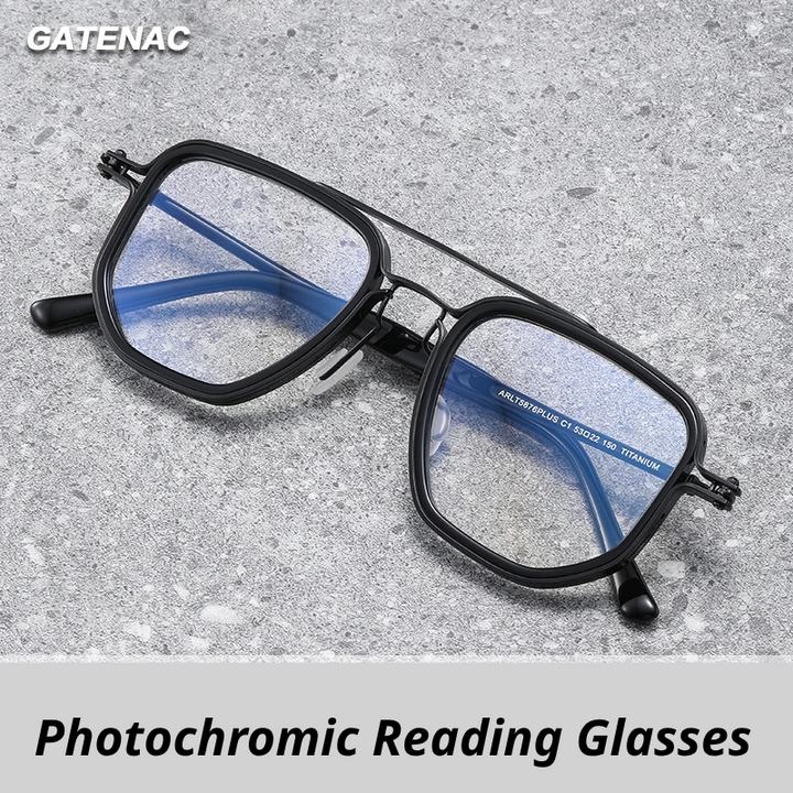 Gatenac Unisex Full Rim Big Square Double Bridge Acetate Titanium Photochromic Reading Glasses 58768