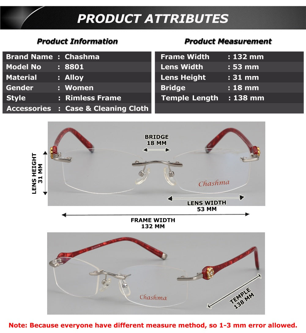 Chashma Ottica Womens Rimless Square Titanium Acetate Eyeglasses 58031 — view 2 | Chashma Ottica at FuzWeb