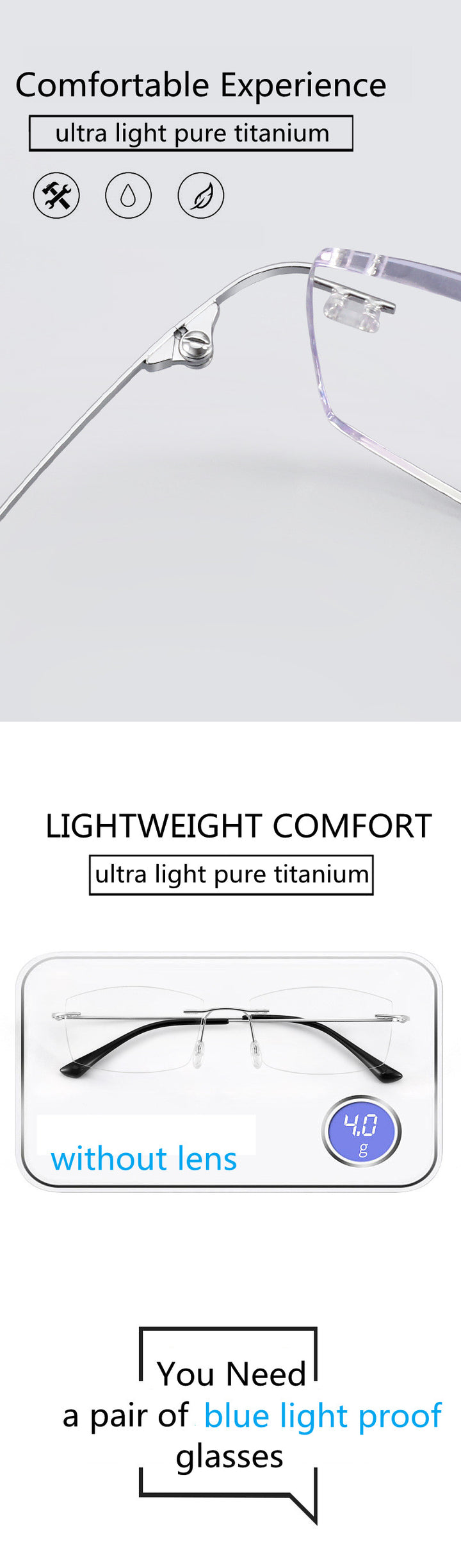 Kocolior Unisex Rimless Square Titanium Hyperopic Reading Glasses 8161 — view 4 | Kocolior at FuzWeb