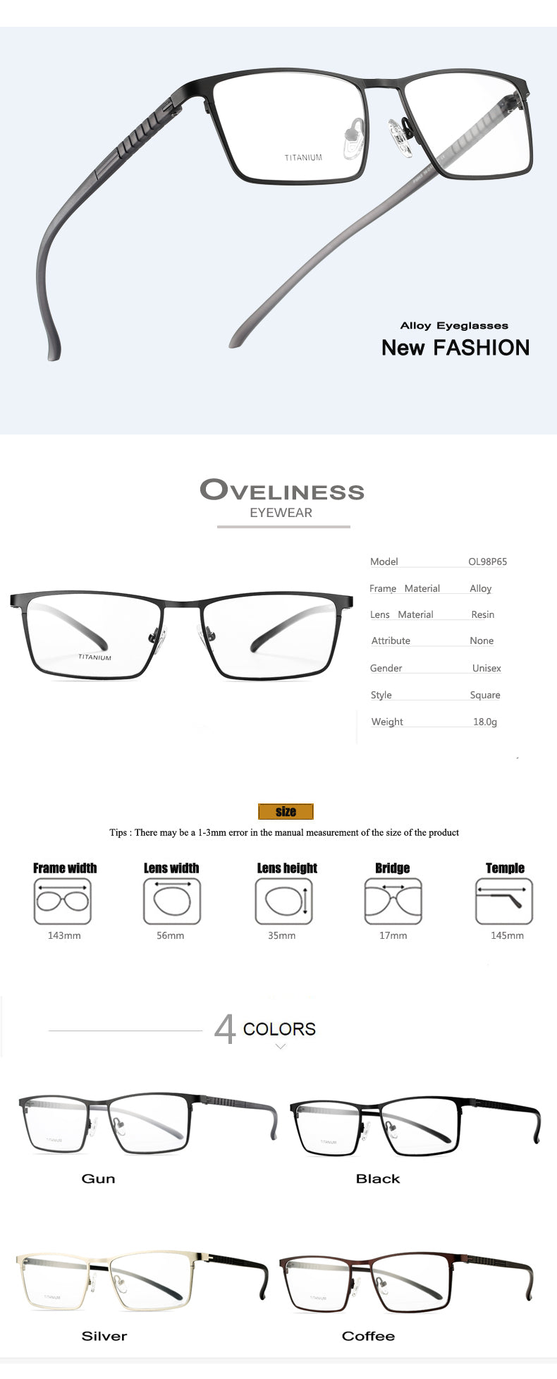 Oveliness Mens Full Rim Square Titanium Alloy Eyeglasses 89865 — view 1 | Oveliness at FuzWeb
