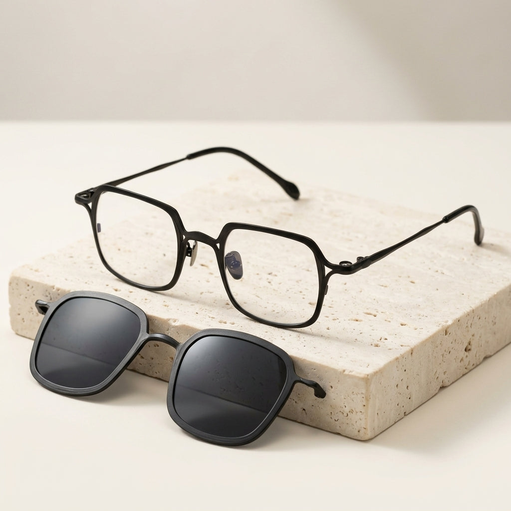 Chashma Ottica Unisex Full Rim Square Titanium Eyeglasses Clip On Sunglasses 415969 - Black-Gray Clip