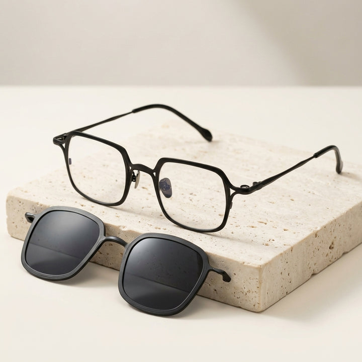 Chashma Ottica Unisex Full Rim Square Titanium Eyeglasses Clip On Sunglasses 415969 - Black-Gray Clip