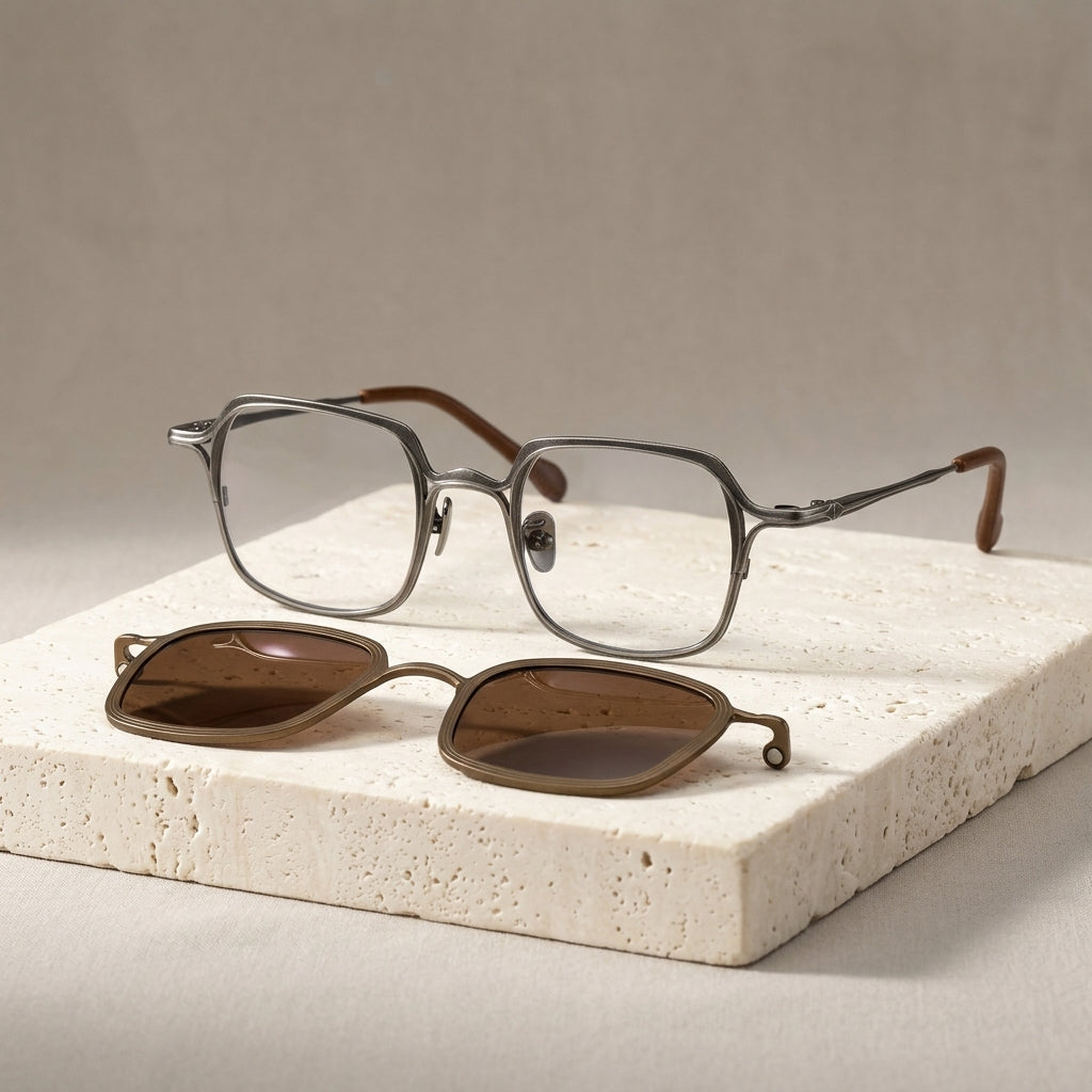 Chashma Ottica Unisex Full Rim Square Titanium Eyeglasses Clip On Sunglasses 415969 - Gray-Brown Clip