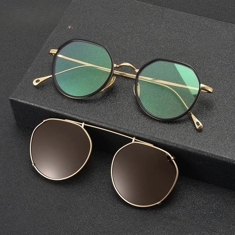 Chashma Ochki Womens Full Rim Round Titanium Eyeglasses Clip On Sunglasses 97310 — view 1 | Chashma Ochki at FuzWeb