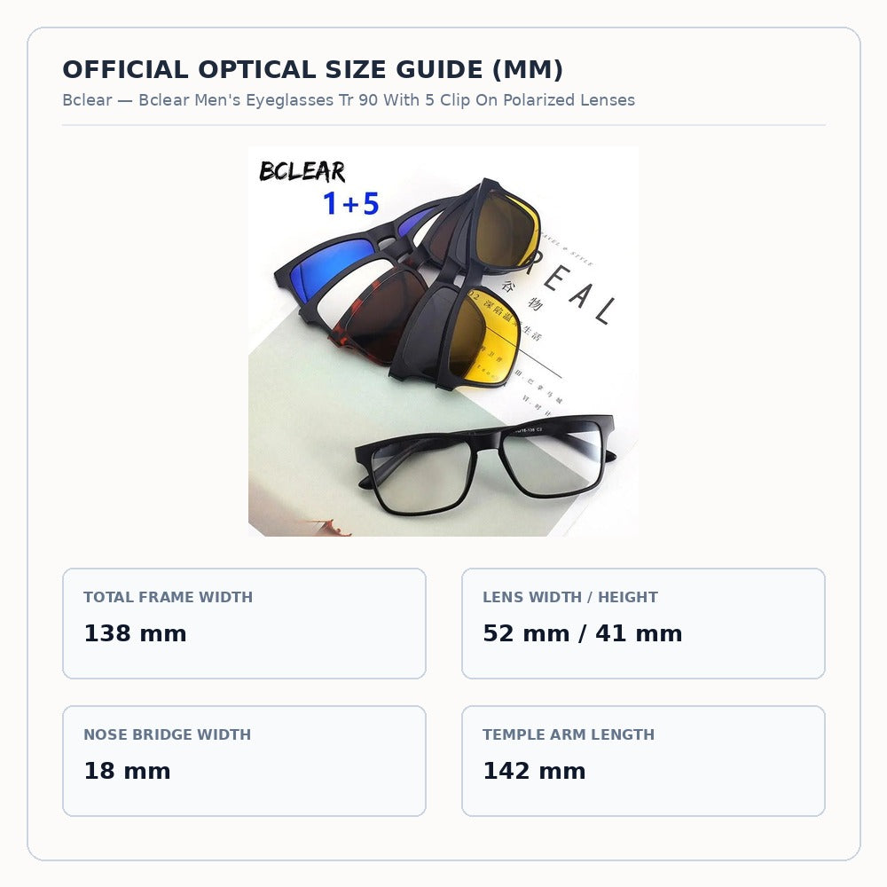 Bclear Men's Eyeglasses Tr 90 With 5 Clip On Polarized Lenses - Size Chart