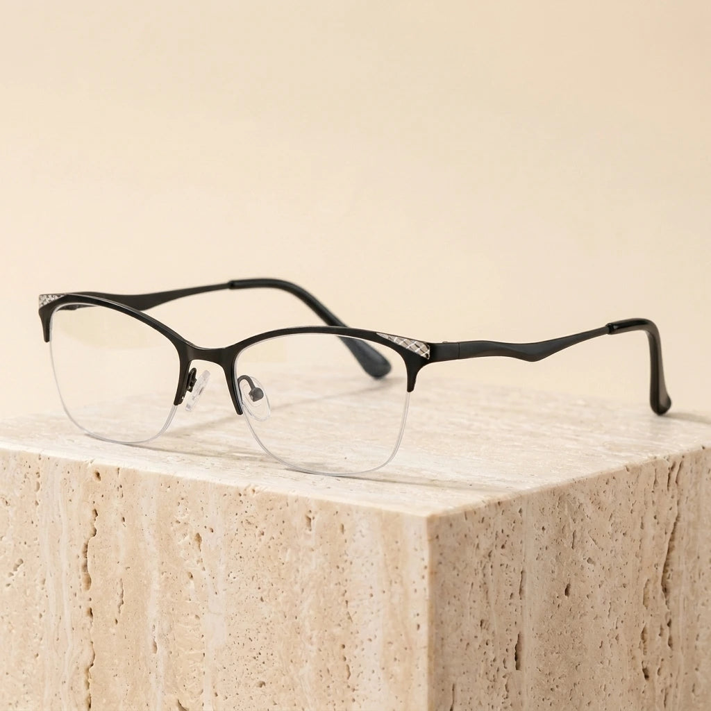 Bclear 7057 Women's Semi-Rimless Alloy and TR90 Eyeglasses - Black