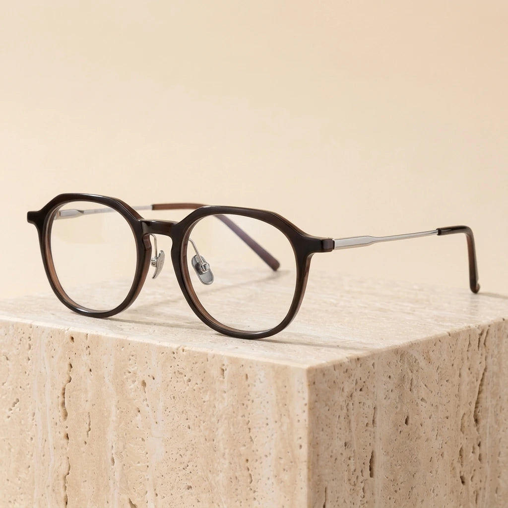 Bclear Unisex Full Rim Polygon Round Acetate Titanium Eyeglasses 298112 - Brown silver