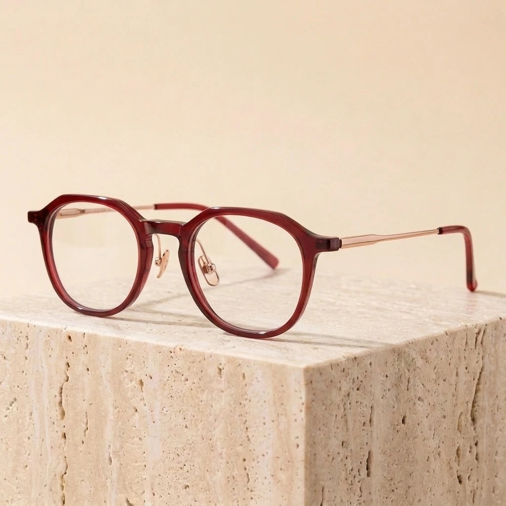 Bclear Unisex Full Rim Polygon Round Acetate Titanium Eyeglasses 298112 - Red gold