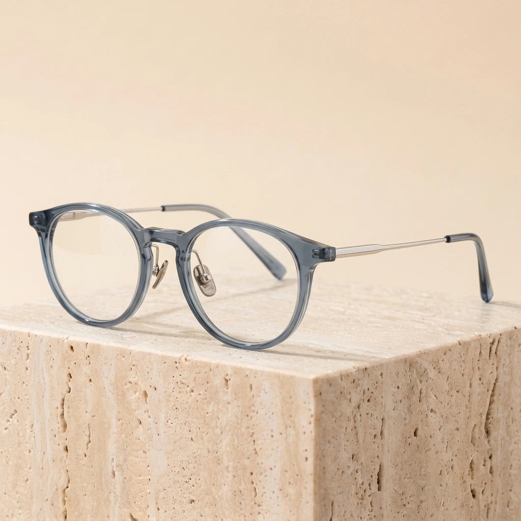 Bclear Unisex Full Rim Round Square Acetate Titanium Eyeglasses 298111 - Blue silver