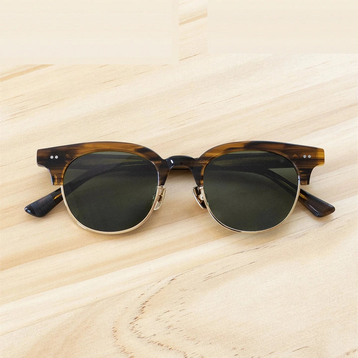 Black Mask Men Full Rim Round Titanium Polarized Sunglasses BM-PL26S - Tortoise-Green / As Shown