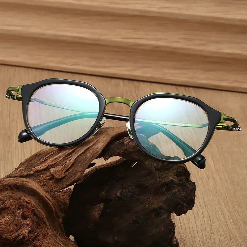 Black Mask Unisex Full Rim Flat Top Oval Titanium Acetate Eyeglasses 880058 - Black-Green