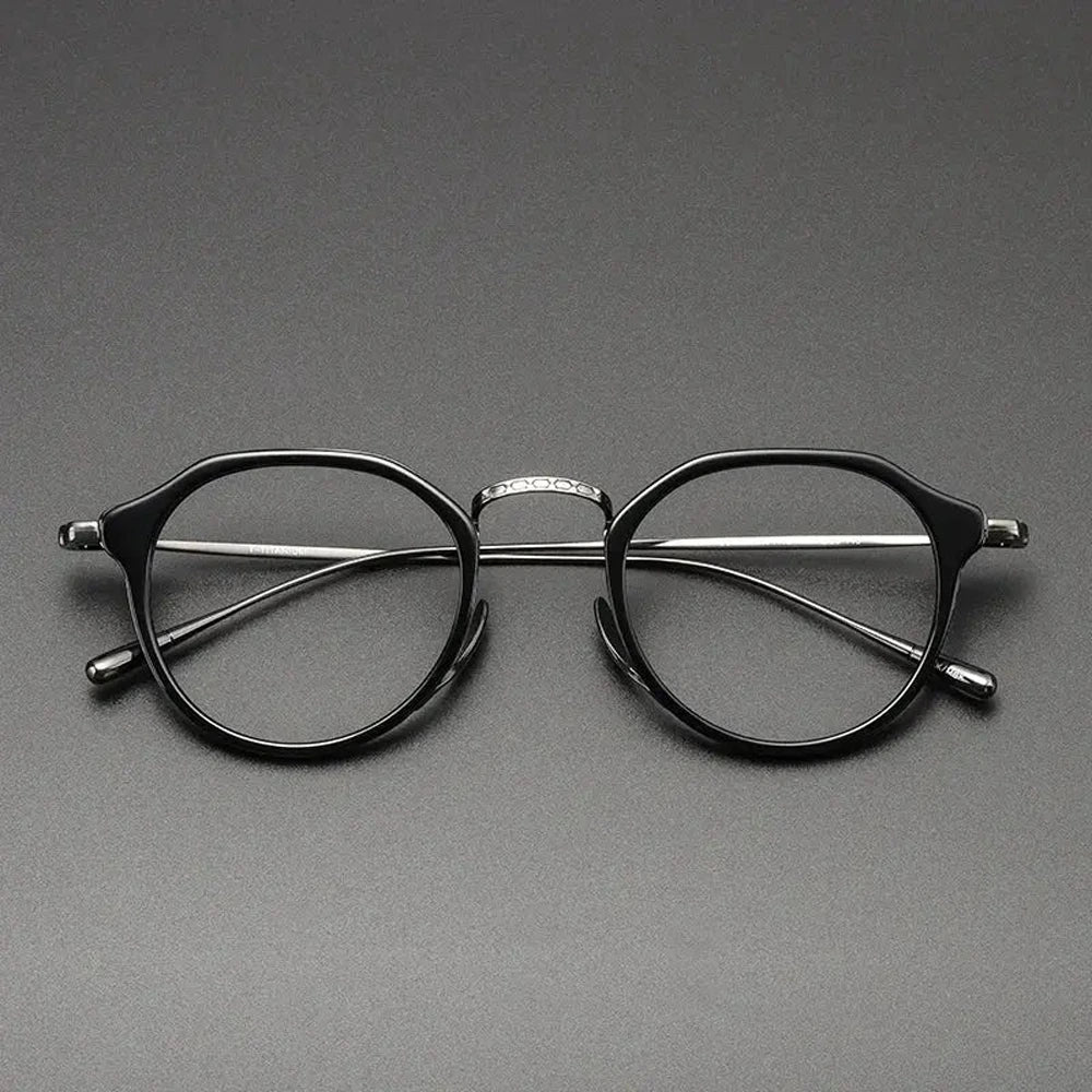 Black Mask Unisex Full Rim Round Acetate Titanium Eyeglasses 361113 - Black-Gray