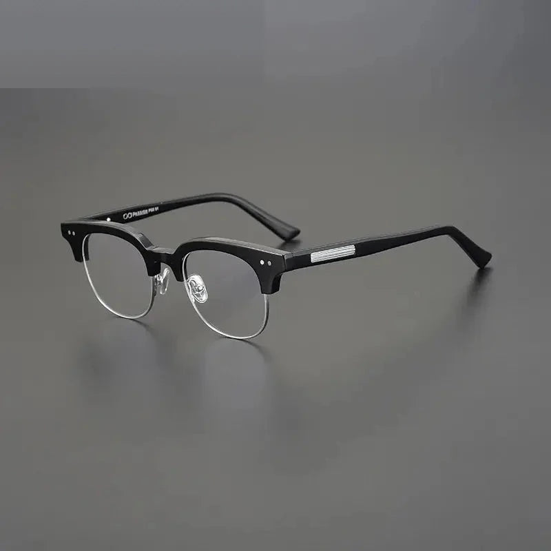 Black Mask Unisex Semi Rim Square Acetate Eyeglasses 15022 - Black-Silver