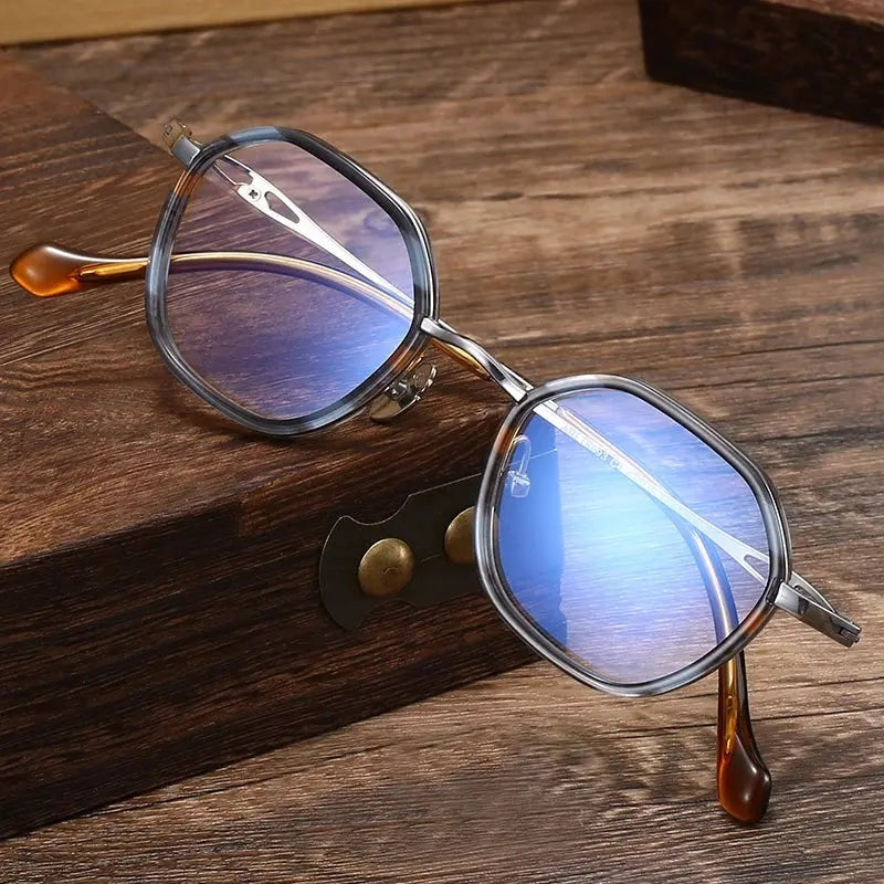 Black Mask Women's Full Rim Polygon Acetate Titanium Eyeglasses 636893 - Blue Tortoise
