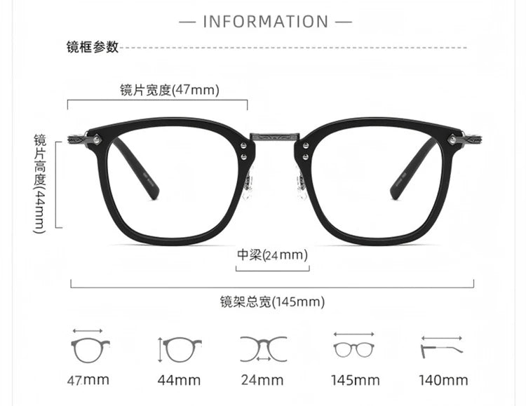 Blackmask Unisex Full Rim Square Titanium Acetate Eyeglasses BM-B806S - Official Size Chart and Dimensions