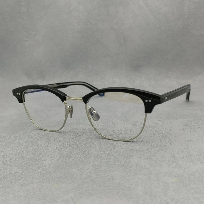 Blackmask Unisex Half Rim Square Titanium Acetate Eyeglasses Sam - Black-Crystal-Silver