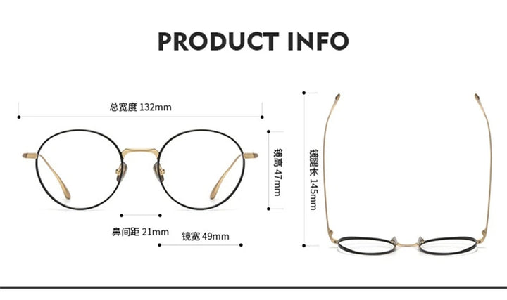 Blackmask Unisex Full Rim Round Pure Titanium Eyeglasses Wright - Official Size Chart and Dimensions