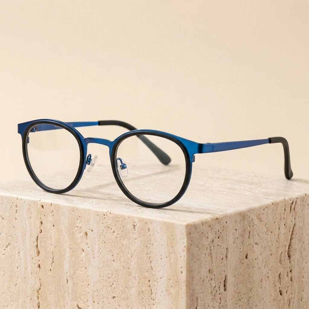 Bobbie Unisex Full Rim Round Acetate Eyeglasses 9704 - Black Blue