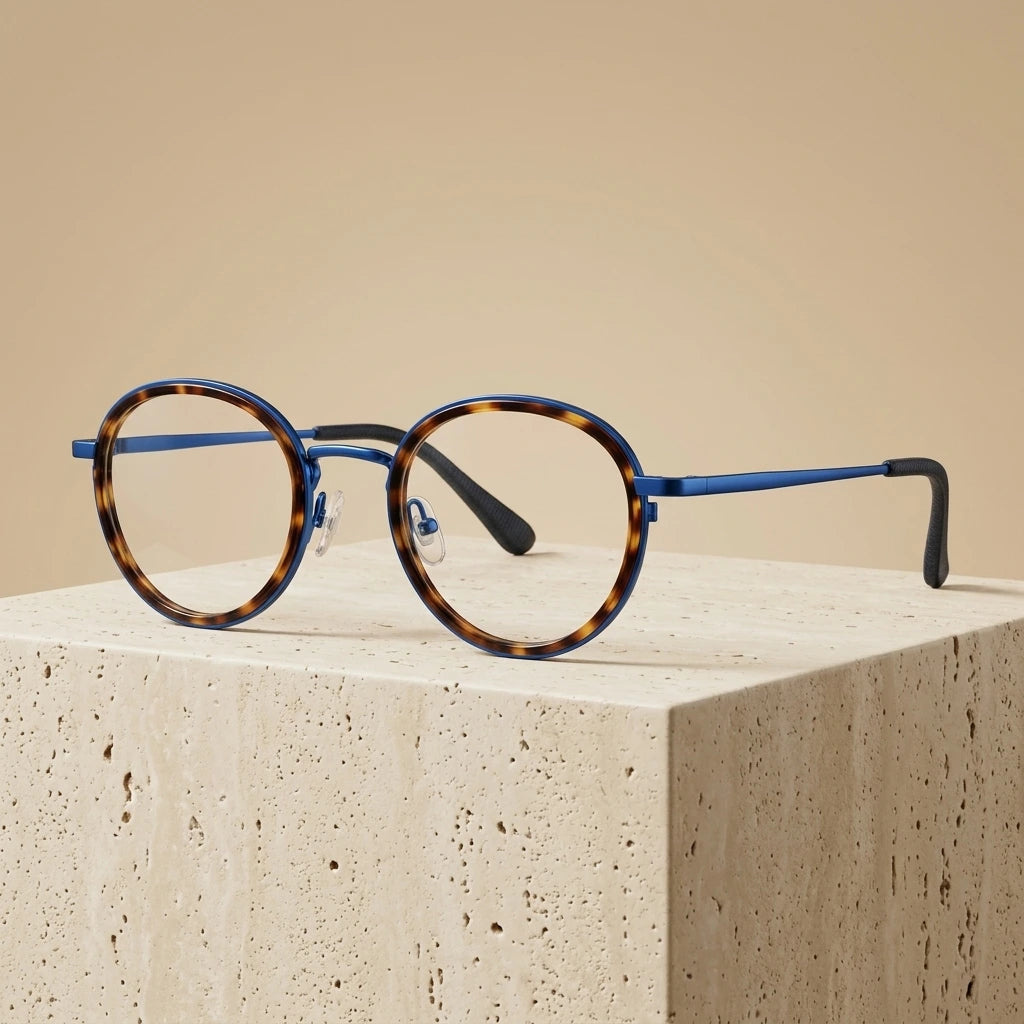 Bobbie Unisex Full Rim Round Acetate Eyeglasses 9704 - Tortoise Blue
