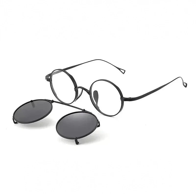 Bobbie Women's Full Rim Round Titanium Eyeglasses Clip On Sunglasses 612994 - Black grey