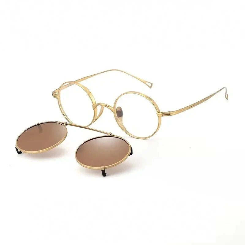 Bobbie Women's Full Rim Round Titanium Eyeglasses Clip On Sunglasses 612994 - Gold brown