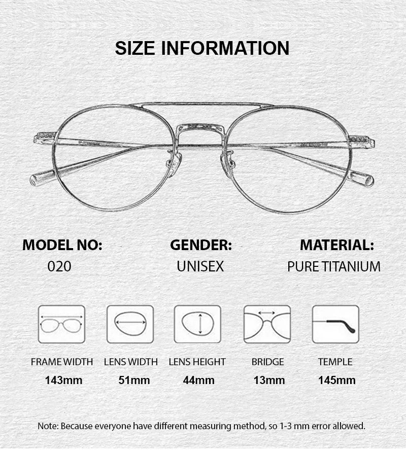 Chashma Ottica Unisex Full Rim Round Double Bridge Titanium Eyeglasses 30205 - Size Chart