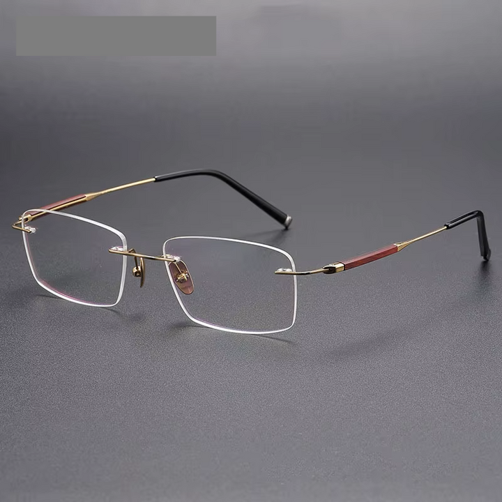 Eleccion Men's Rimless Square Titanium Eyeglasses Rosewood Temples 480958