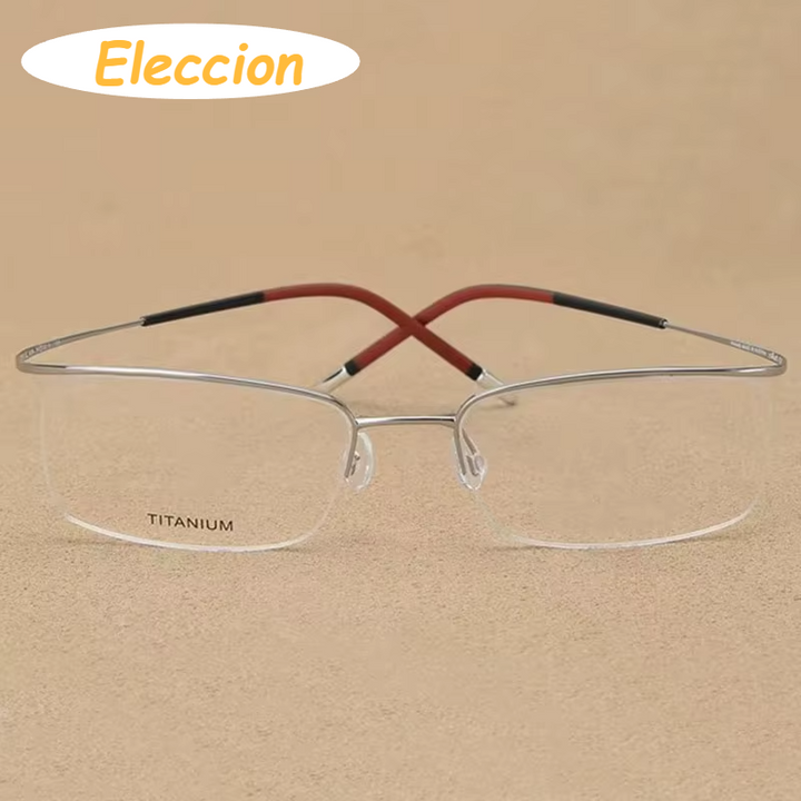 Eleccion Unisex Semi Rim Square Brow Line Titanium Eyeglasses 75296 Semi Rim Brightzone Silver